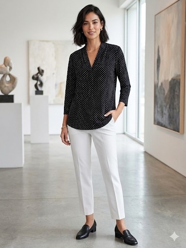 Black White Polka Dot V-Neck Blouse 3/4 Sleeve Tunic Top Xl